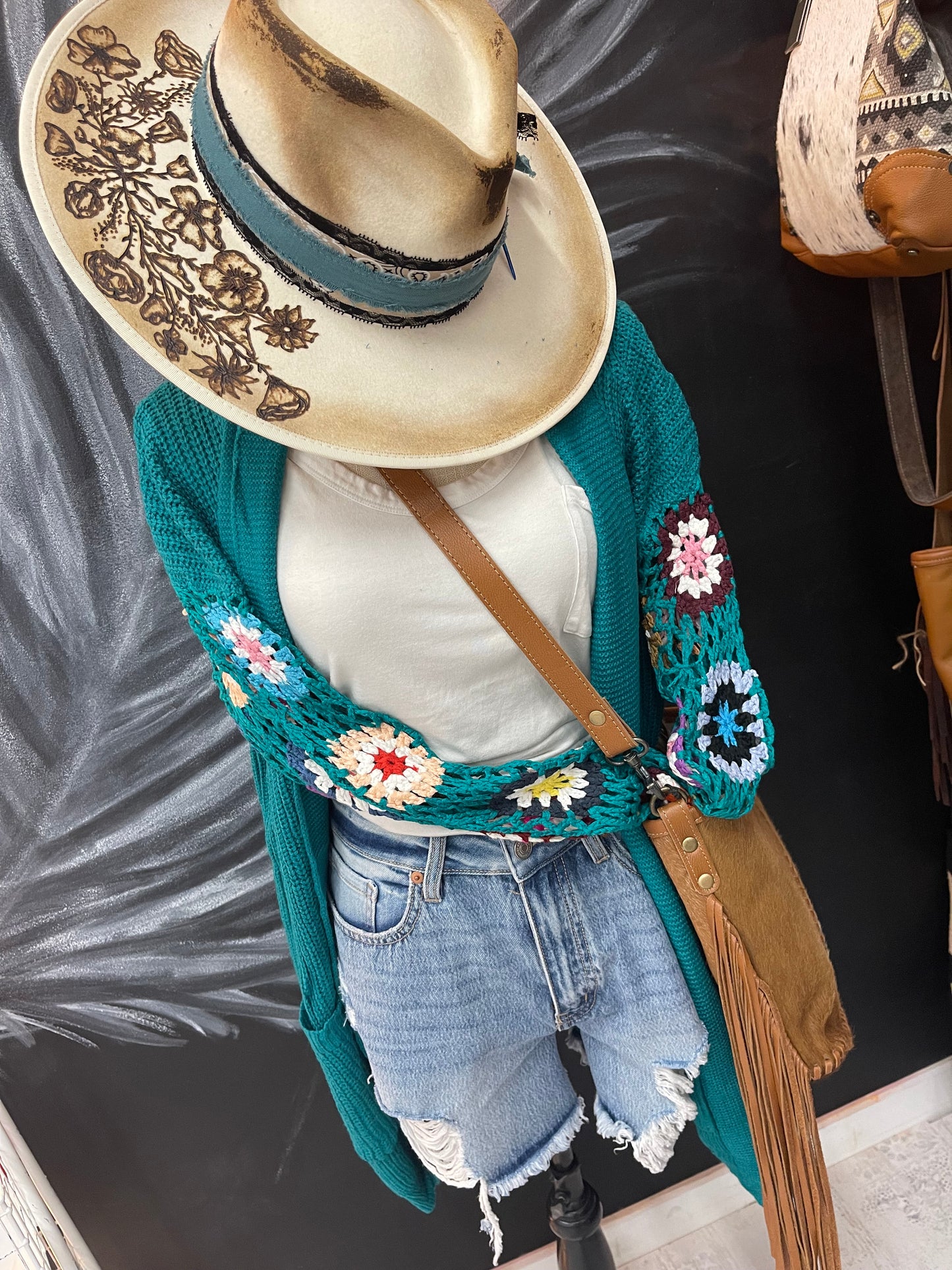 Crochet Sleeve Cardigan-Turquoise