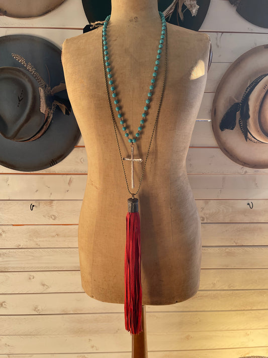 Red Fringe Long Chain Necklace