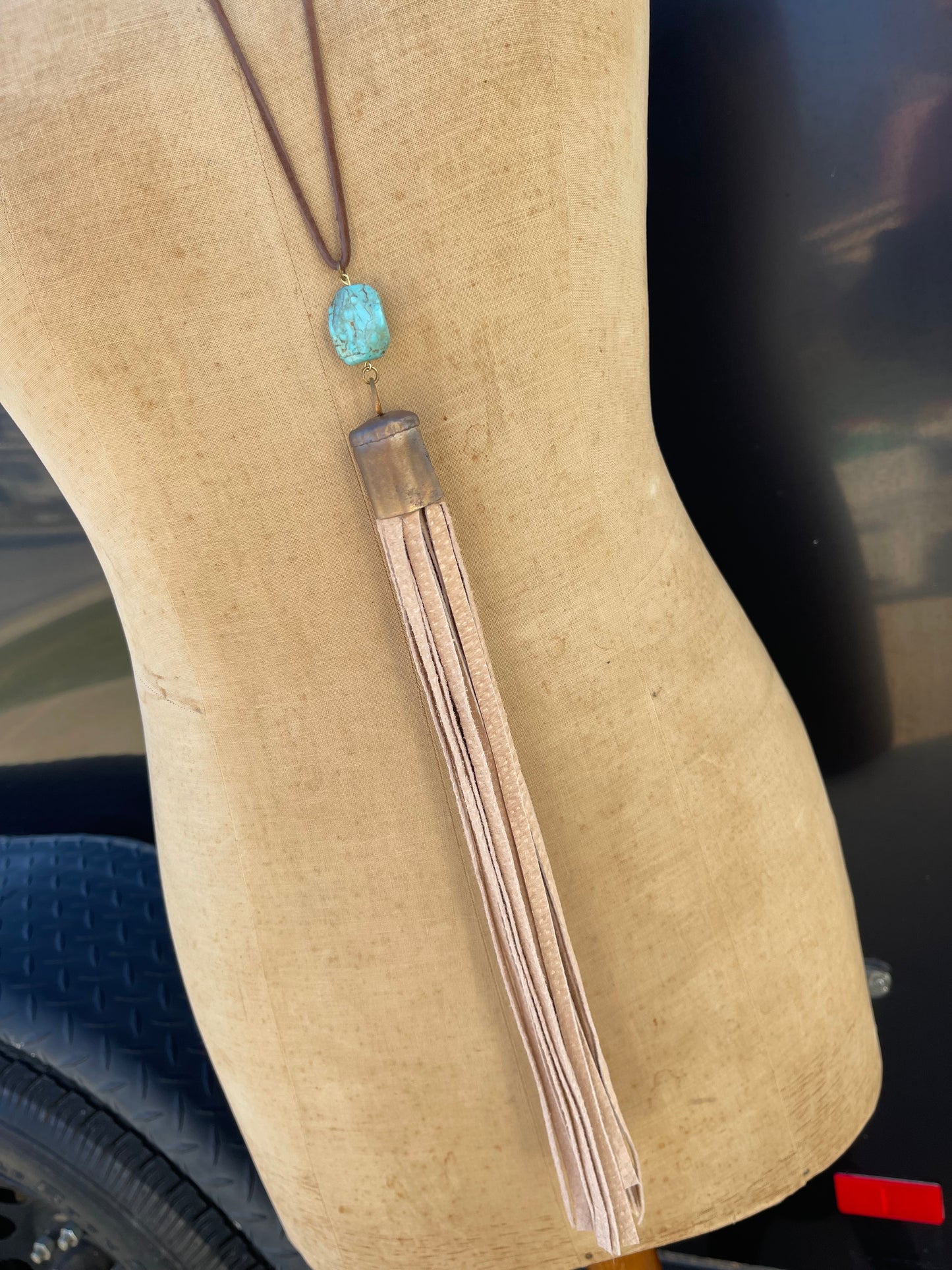 Turquoise stone-Tan Fringe Necklace