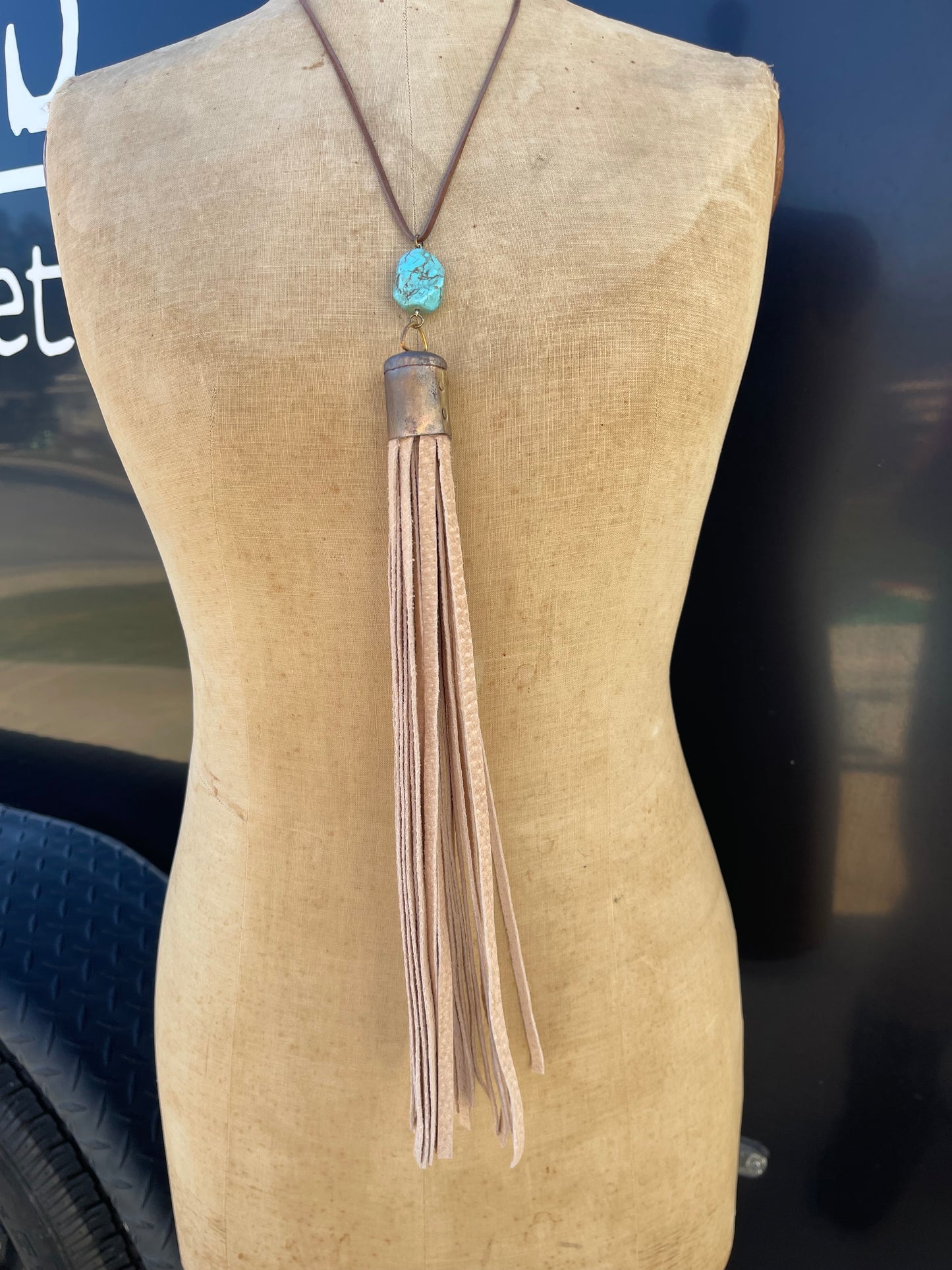 Turquoise stone-Tan Fringe Necklace