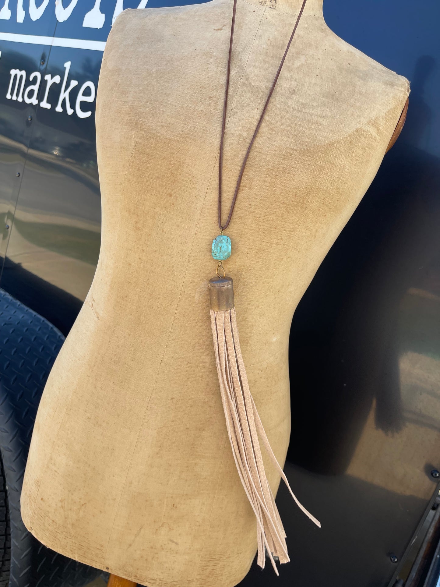 Turquoise stone-Tan Fringe Necklace