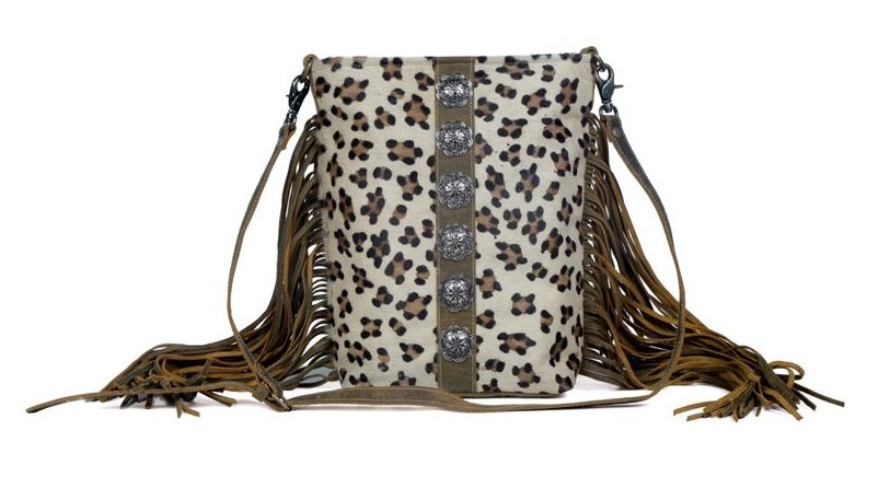 FEATHERED-ROOTS LEOPARD HAIRON FRINGE BAG 