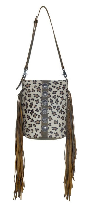 FEATHERED-ROOTS LEOPARD HAIRON FRINGE BAG