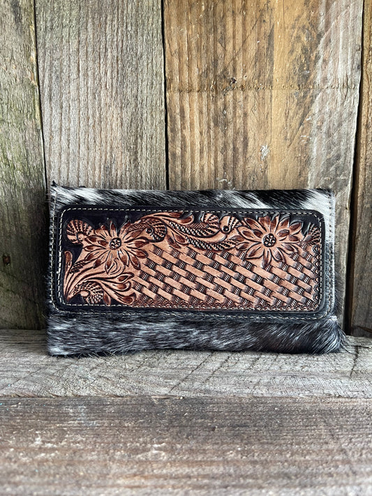 BLACK/WHITE HANDTOOLED COWHIDE WALLET